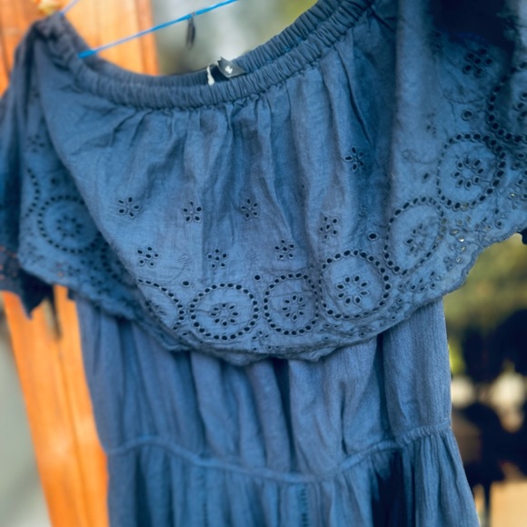 Navy blue self design off-shoulder Maxi dress; elasticated waistband size-36 - Picture 4 of 6